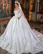 White Satin A-line Lace V-neck Wedding Dresses With Long Sleeves by misshow.com