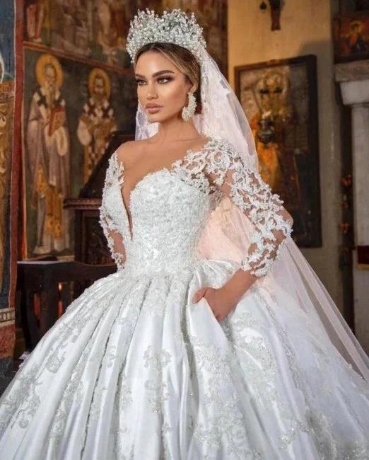 White Satin A-line Lace V-neck Wedding Dresses With Long Sleeves by misshow.com