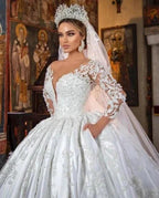 White Satin A-line Lace V-neck Wedding Dresses With Long Sleeves by misshow.com