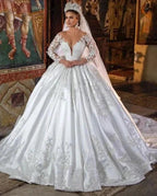 White Satin A-line Lace V-neck Wedding Dresses With Long Sleeves by misshow.com
