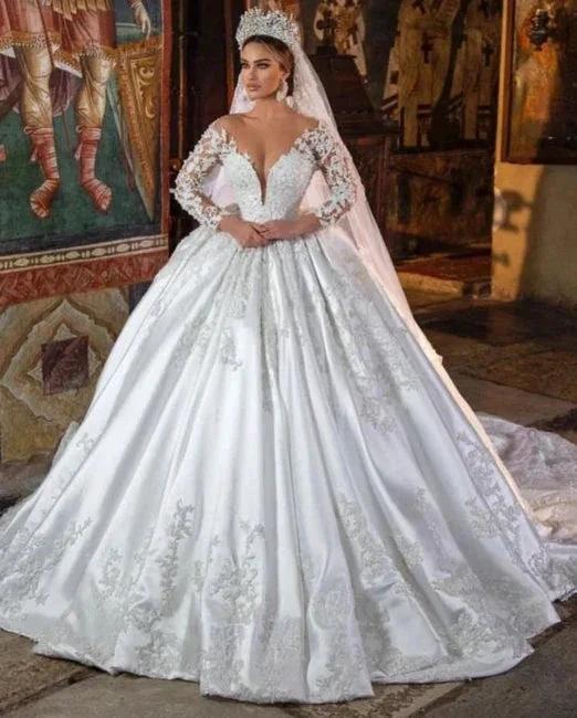 White Satin A-line Lace V-neck Wedding Dresses With Long Sleeves by misshow.com
