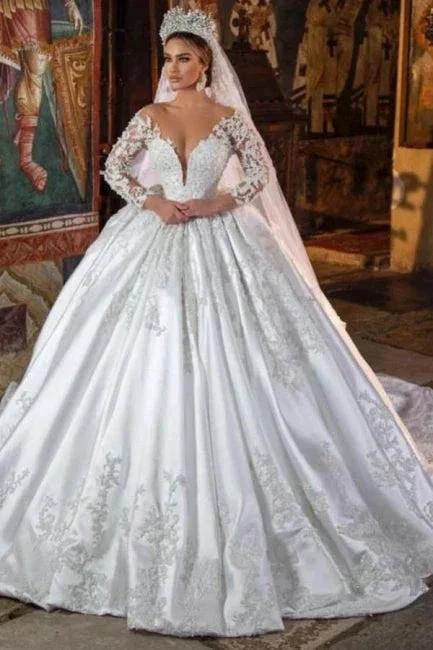 White Satin A-line Lace V-neck Wedding Dresses With Long Sleeves by misshow.com