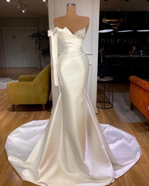 White Satin One Shoulder Long Mermaid Prom Dresses by misshow.com