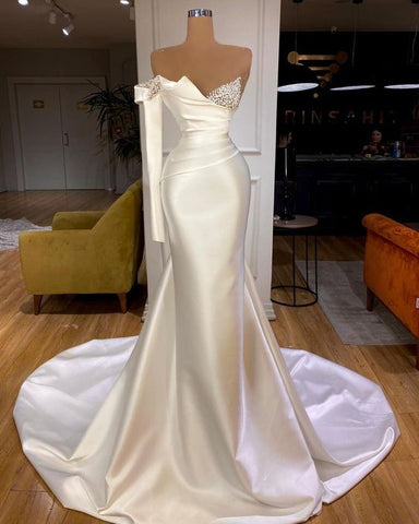 White Satin One Shoulder Long Mermaid Prom Dresses