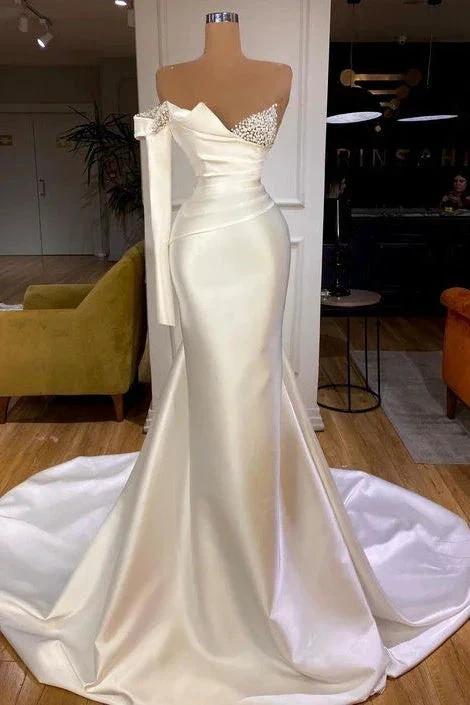 White Satin One Shoulder Long Mermaid Prom Dresses by misshow.com