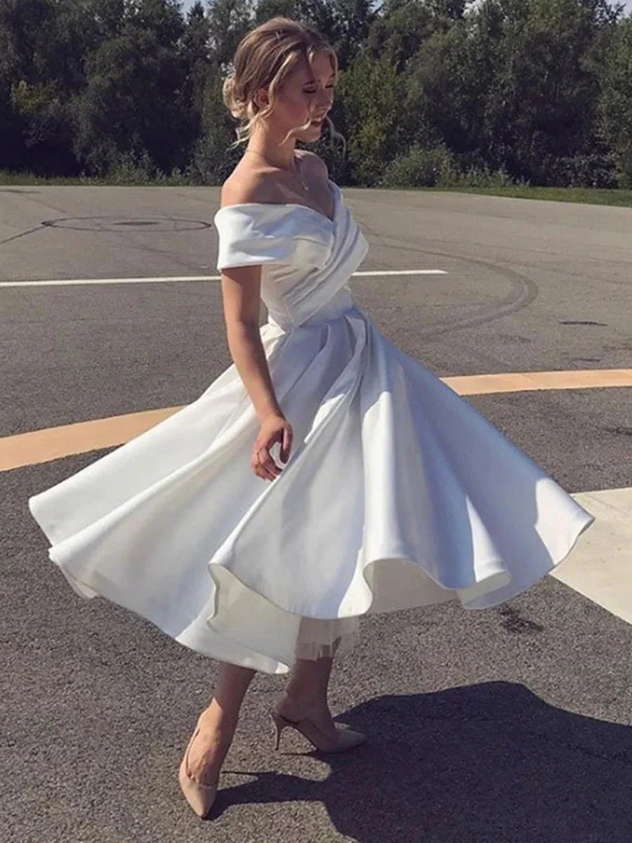 White Short A-line Off the Shoulder Tea Length Satin Wedding Dresses by BIZTUNNEL