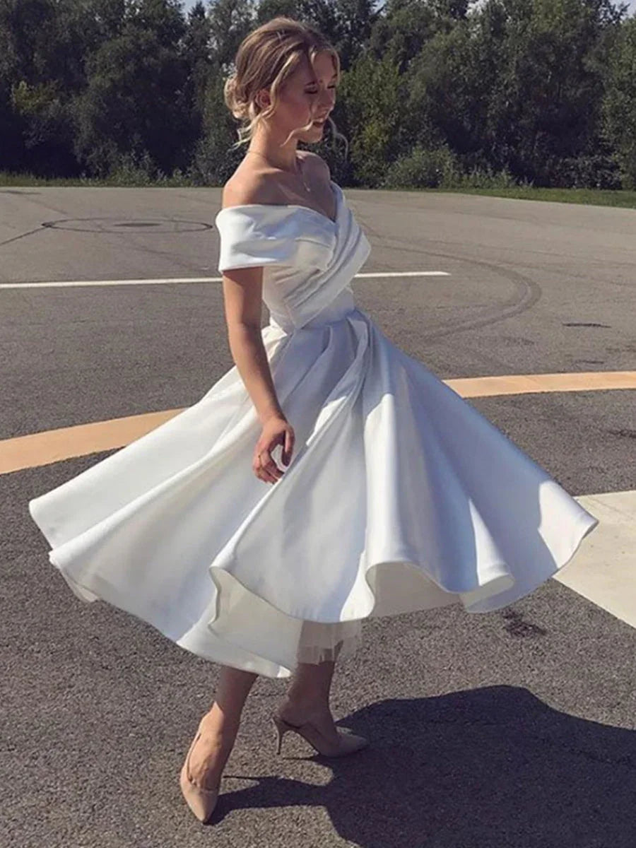White Short A-line Off the Shoulder Tea Length Satin Wedding Dresses
