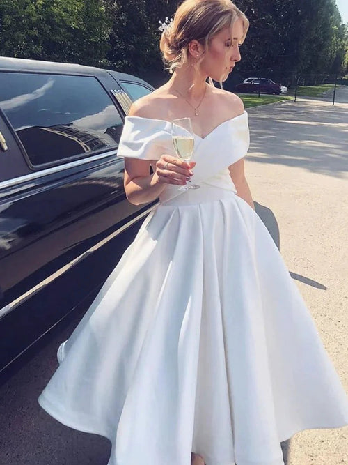 White Short A-line Off the Shoulder Tea Length Satin Wedding Dresses by BIZTUNNEL
