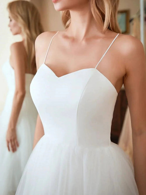 White Short A-line Sweetheart Tulle Tea Length Wedding Dresses by BIZTUNNEL