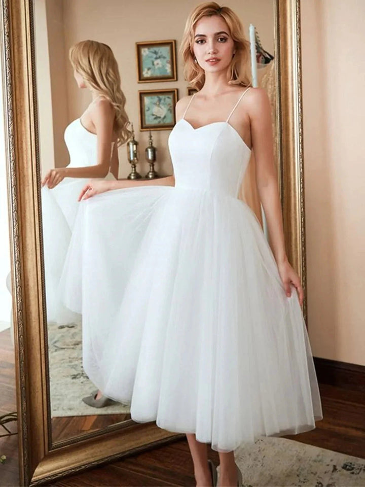 White Short A-line Sweetheart Tulle Tea Length Wedding Dresses by BIZTUNNEL