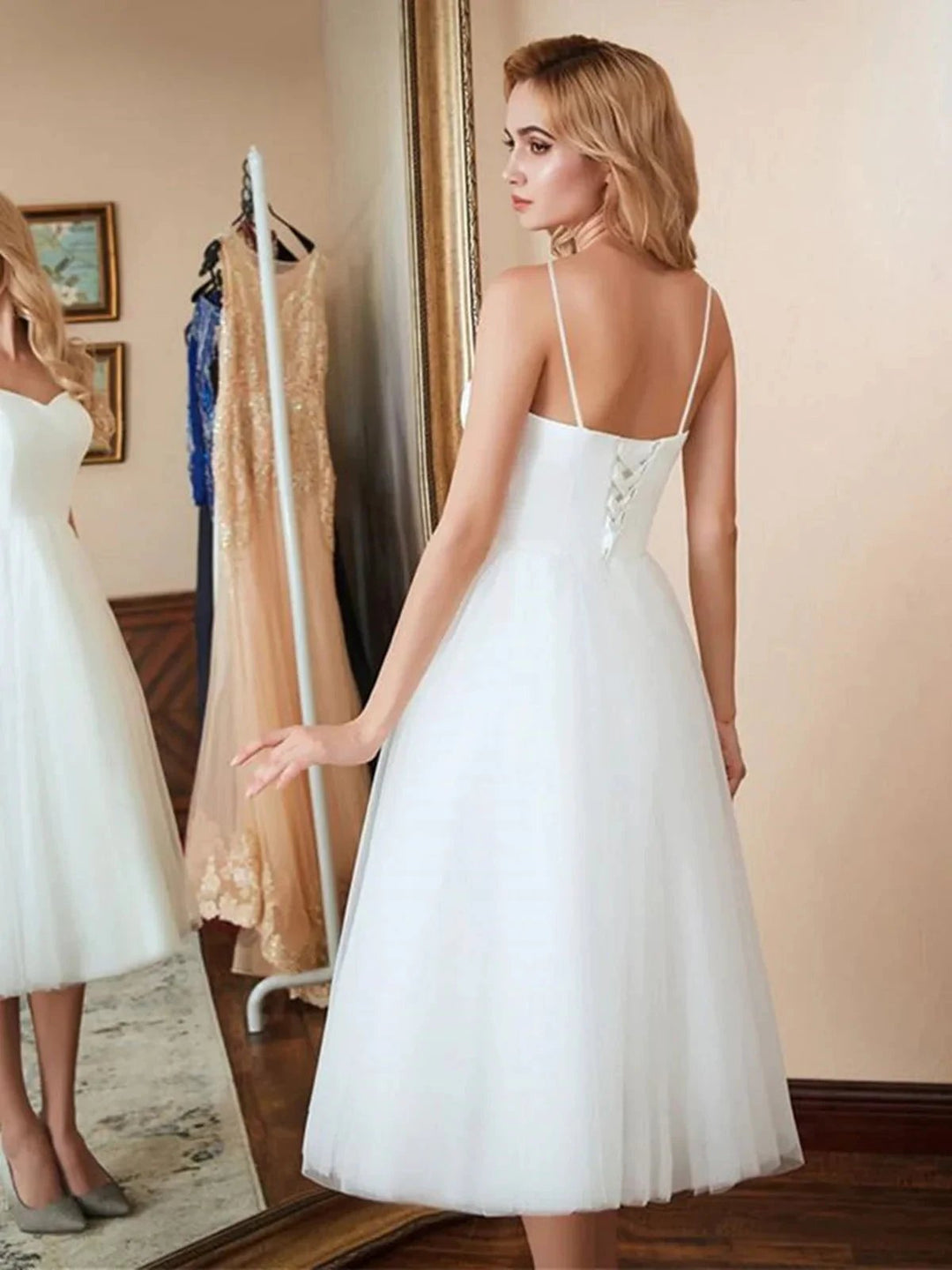 White Short A-line Sweetheart Tulle Tea Length Wedding Dresses by BIZTUNNEL
