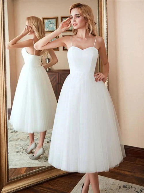 White Short A-line Sweetheart Tulle Tea Length Wedding Dresses by BIZTUNNEL
