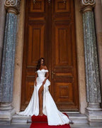 White Simple A-line Off-the-shoulder satin wedding dresses by misshow.com