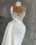 White Sleeveless Satin Beading Ruffles Mermaid Prom Dresses by misshow.com