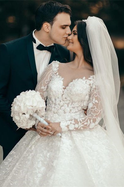 White Sweetheart A-line Long Sleeves Wedding Dress With Lace Main Image