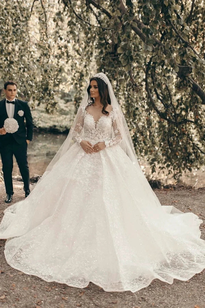 White Sweetheart A-line Long Sleeves Wedding Dress With Lace by misshow.com