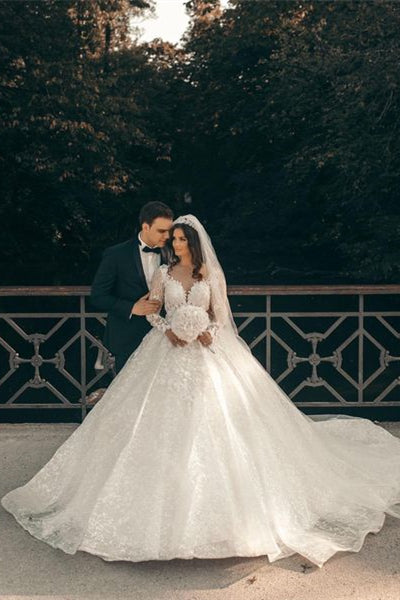 White Sweetheart A-line Long Sleeves Wedding Dress With Lace Hover Image