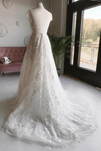 White Tulle V Neck Open Back Long Flower Wedding Dresses WD456 by pgmdress