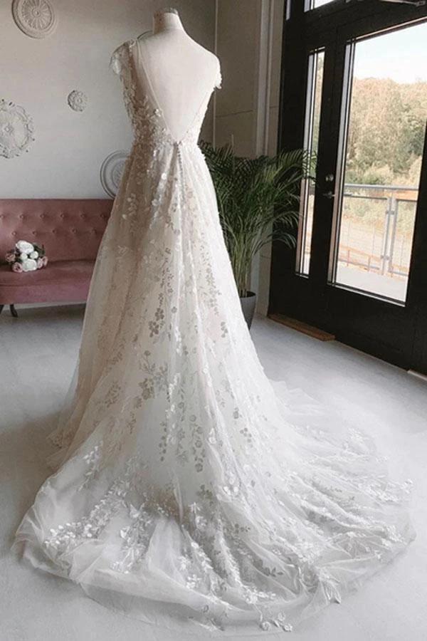 White Tulle V Neck Open Back Long Flower Wedding Dresses WD456 by pgmdress