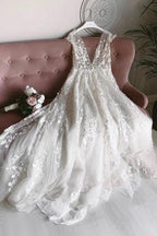 White Tulle V Neck Open Back Long Flower Wedding Dresses WD456 by pgmdress