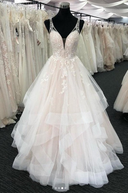 White Tulle V Neck Open Back Long Layered Wedding Dress Hover Image