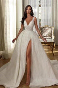 White V-neck Sleeveless Sequined Split Wedding Dress With Train by misshow.com
