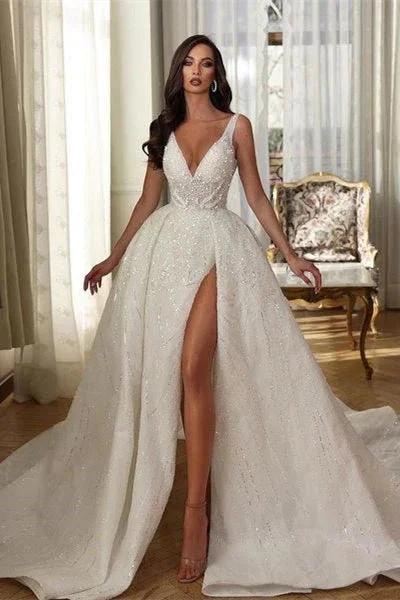 White V-neck Sleeveless Sequined Split Wedding Dress With Train by misshow.com
