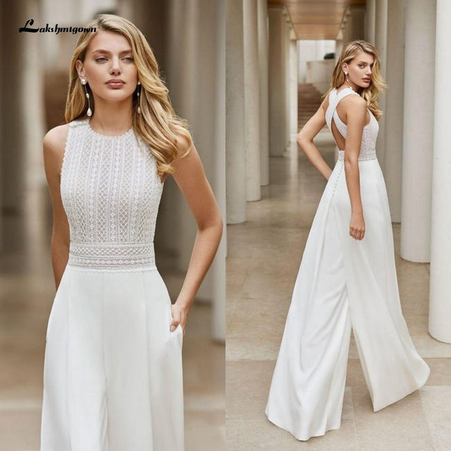 White Wedding Jumpsuit Beach Wedding Dresses O Neck Floor Length Boho Wedding Gowns Outfit Customize lace Robe De Soiree Hover Image