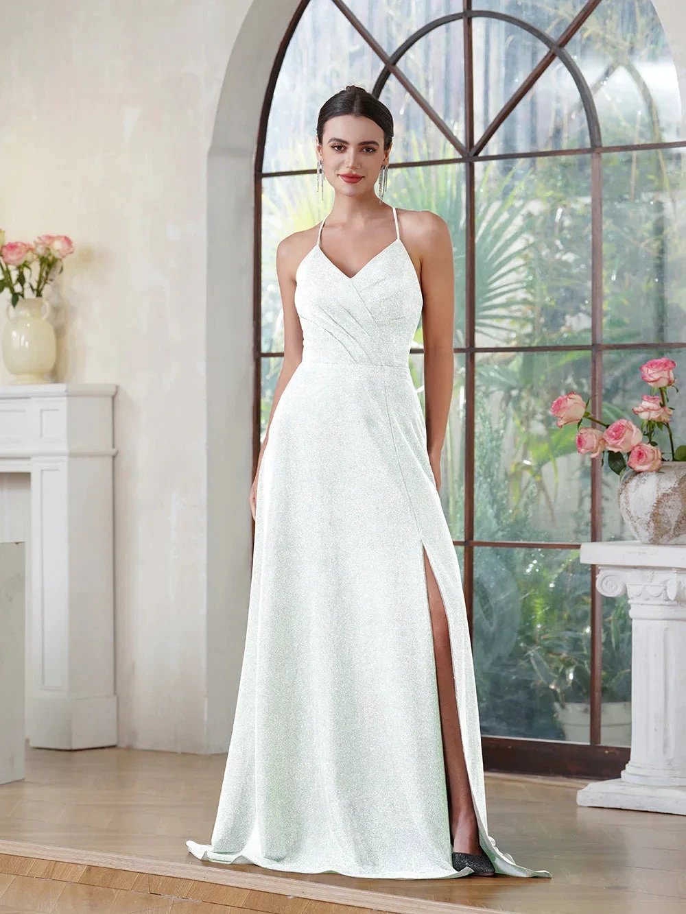 Elegant Long A-line V-Neck Halter Shiny Silk Prom Dress With Side Slit Party Dress with Pocket by BIZTUNNEL
