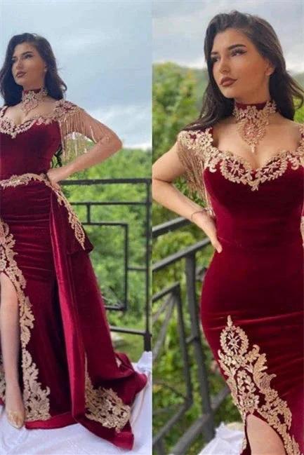 Wine red evening dresses long | Velvet evening wear by misshow.com