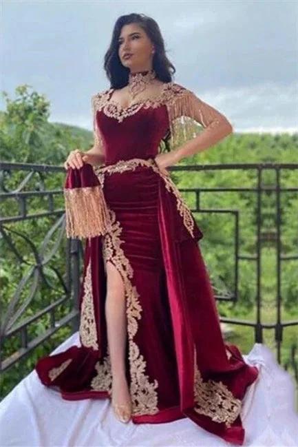 Wine red evening dresses long | Velvet evening wear by misshow.com