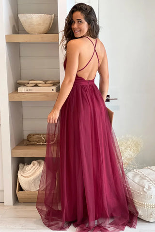 V-Ausschnitt, sexy, rückenfreies Spaghettiträger-Ballkleid mit Schlitz, SYP169