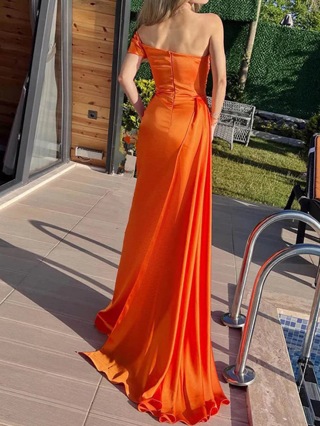 Winston | Orange Mermaid Pleated Satin Empire-Waist Long Prom Dress Main Image