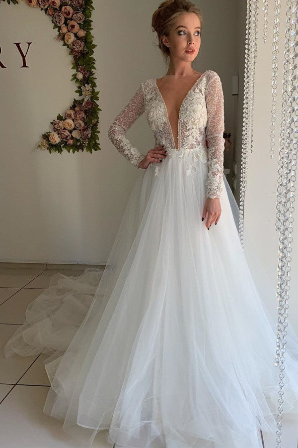 Winter Warm Long Sleeves V-Neck Tulle Princess Wedding Dress Hover Image
