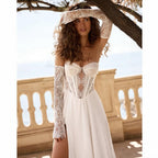 ZapDress Summer Wedding Dress Sweetheart Long Sleeves Illusion Lace Applique Slit Chiffon Bride Gown Customized