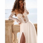 ZapDress Summer Wedding Dress Sweetheart Long Sleeves Illusion Lace Applique Slit Chiffon Bride Gown Customized