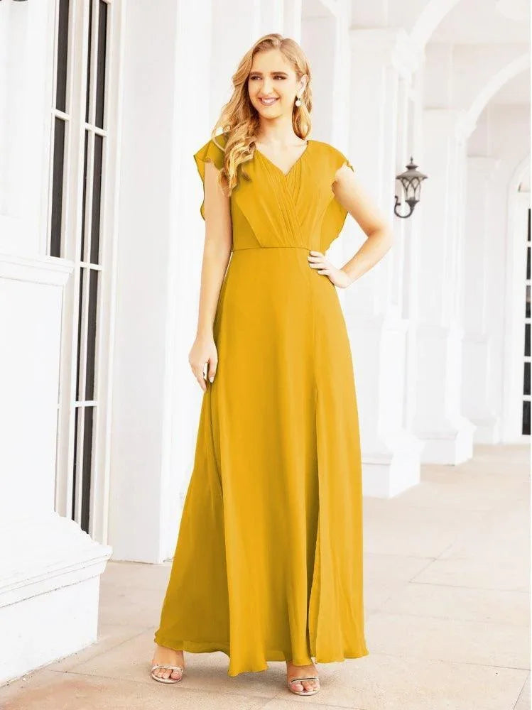 Robes de demoiselle d'honneur pour femmes en mousseline avec cape, robe de soirée formelle pour fête, robe de bal à dos ouvert pour invitées de mariage SEA28058