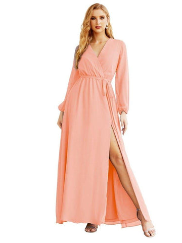 Women's Chiffon Bridesmaid Dress A line Long Sleeves Formal Evening Prom Gown for Wedding Guest SEA28032