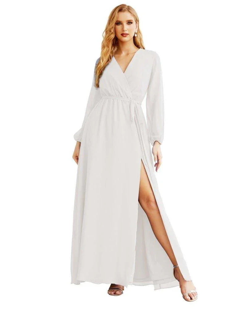 Robe de demoiselle d'honneur en mousseline pour femme, ligne A, manches longues, robe de soirée formelle pour bal, invitée de mariage SEA28032