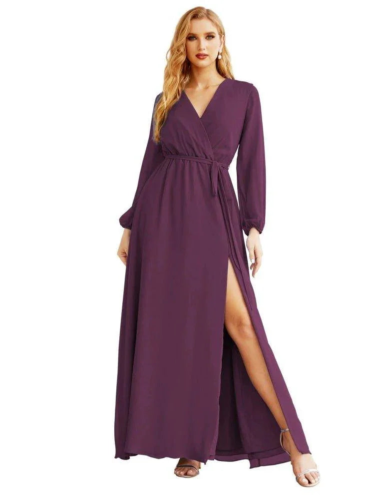 Robe de demoiselle d'honneur en mousseline pour femme, ligne A, manches longues, robe de soirée formelle pour bal, invitée de mariage SEA28032