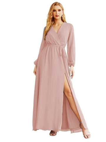 Women's Chiffon Bridesmaid Dress A line Long Sleeves Formal Evening Prom Gown for Wedding Guest SEA28032
