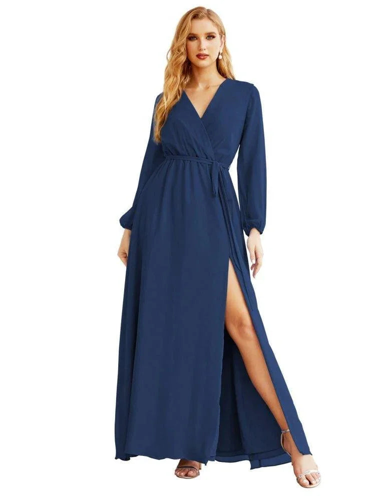 Robe de demoiselle d'honneur en mousseline pour femme, ligne A, manches longues, robe de soirée formelle pour bal, invitée de mariage SEA28032