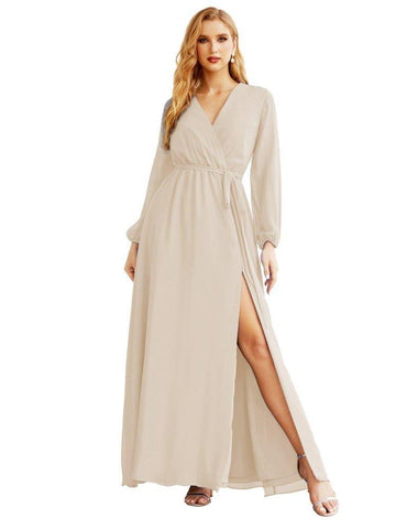 Women's Chiffon Bridesmaid Dress A line Long Sleeves Formal Evening Prom Gown for Wedding Guest SEA28032