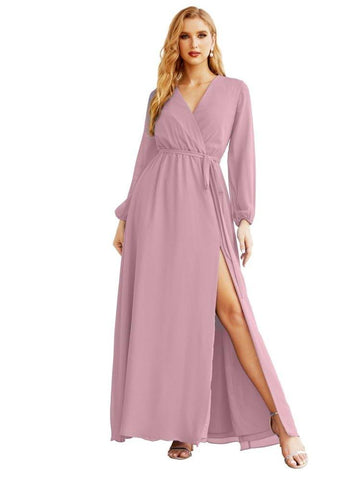 Women's Chiffon Bridesmaid Dress A line Long Sleeves Formal Evening Prom Gown for Wedding Guest SEA28032