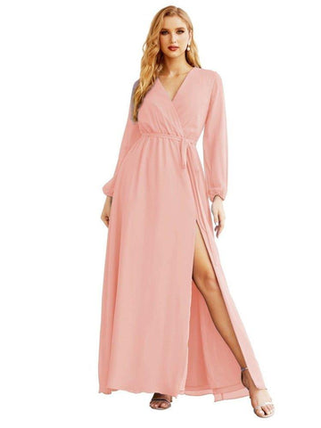 Women's Chiffon Bridesmaid Dress A line Long Sleeves Formal Evening Prom Gown for Wedding Guest SEA28032