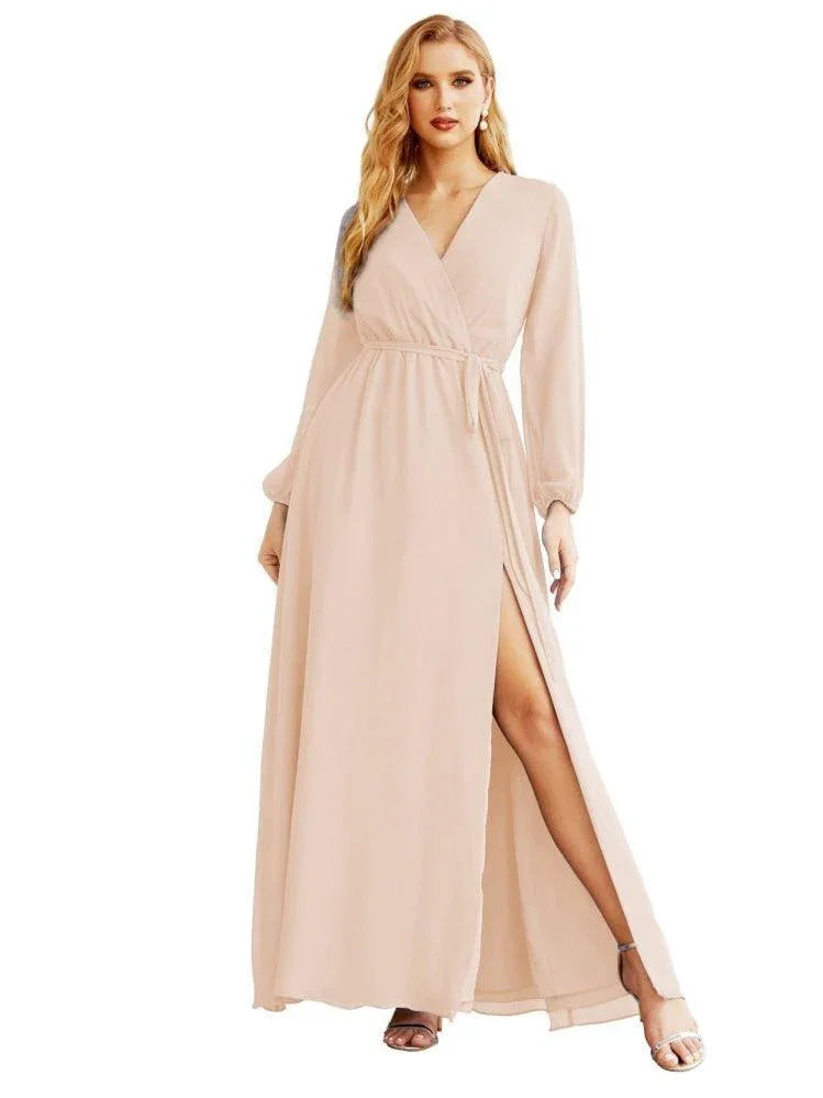 Robe de demoiselle d'honneur en mousseline pour femme, ligne A, manches longues, robe de soirée formelle pour bal, invitée de mariage SEA28032