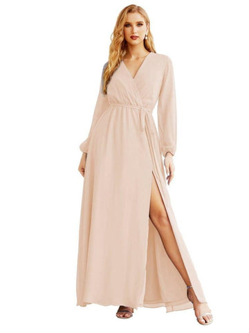 Women's Chiffon Bridesmaid Dress A line Long Sleeves Formal Evening Prom Gown for Wedding Guest SEA28032