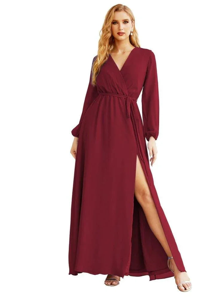 Robe de demoiselle d'honneur en mousseline pour femme, ligne A, manches longues, robe de soirée formelle pour bal, invitée de mariage SEA28032