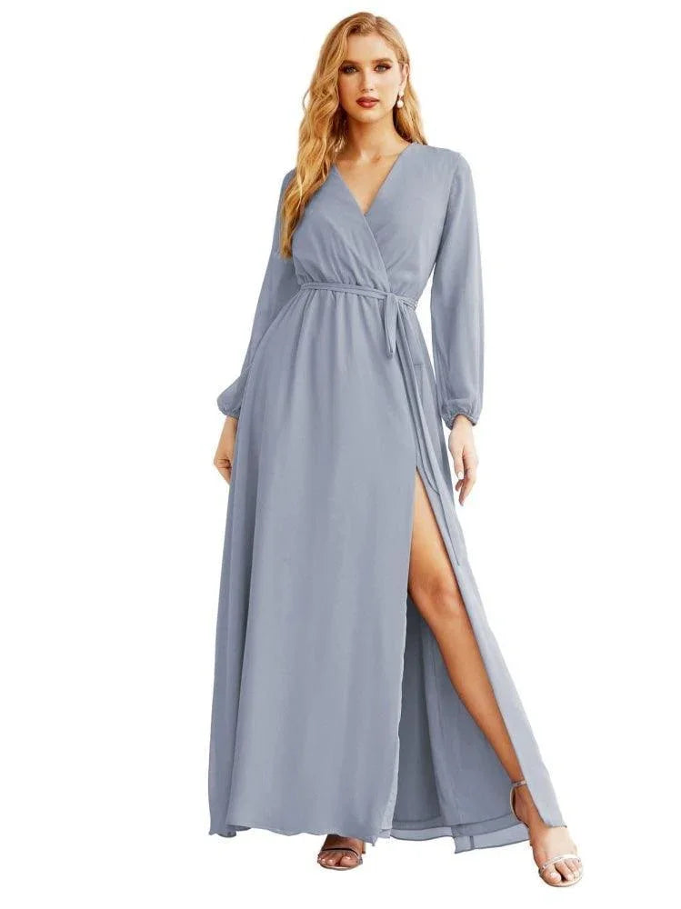 Robe de demoiselle d'honneur en mousseline pour femme, ligne A, manches longues, robe de soirée formelle pour bal, invitée de mariage SEA28032