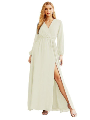 Women's Chiffon Bridesmaid Dress A line Long Sleeves Formal Evening Prom Gown for Wedding Guest SEA28032